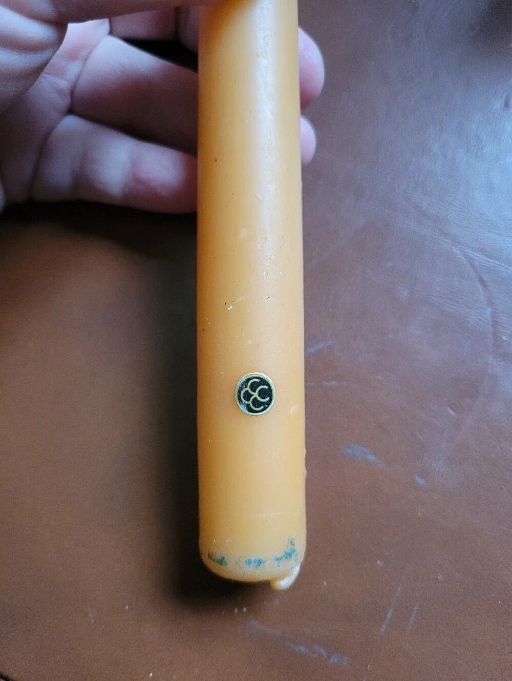 Taper Candle in Warm Apricot with White Milk Glass Holder